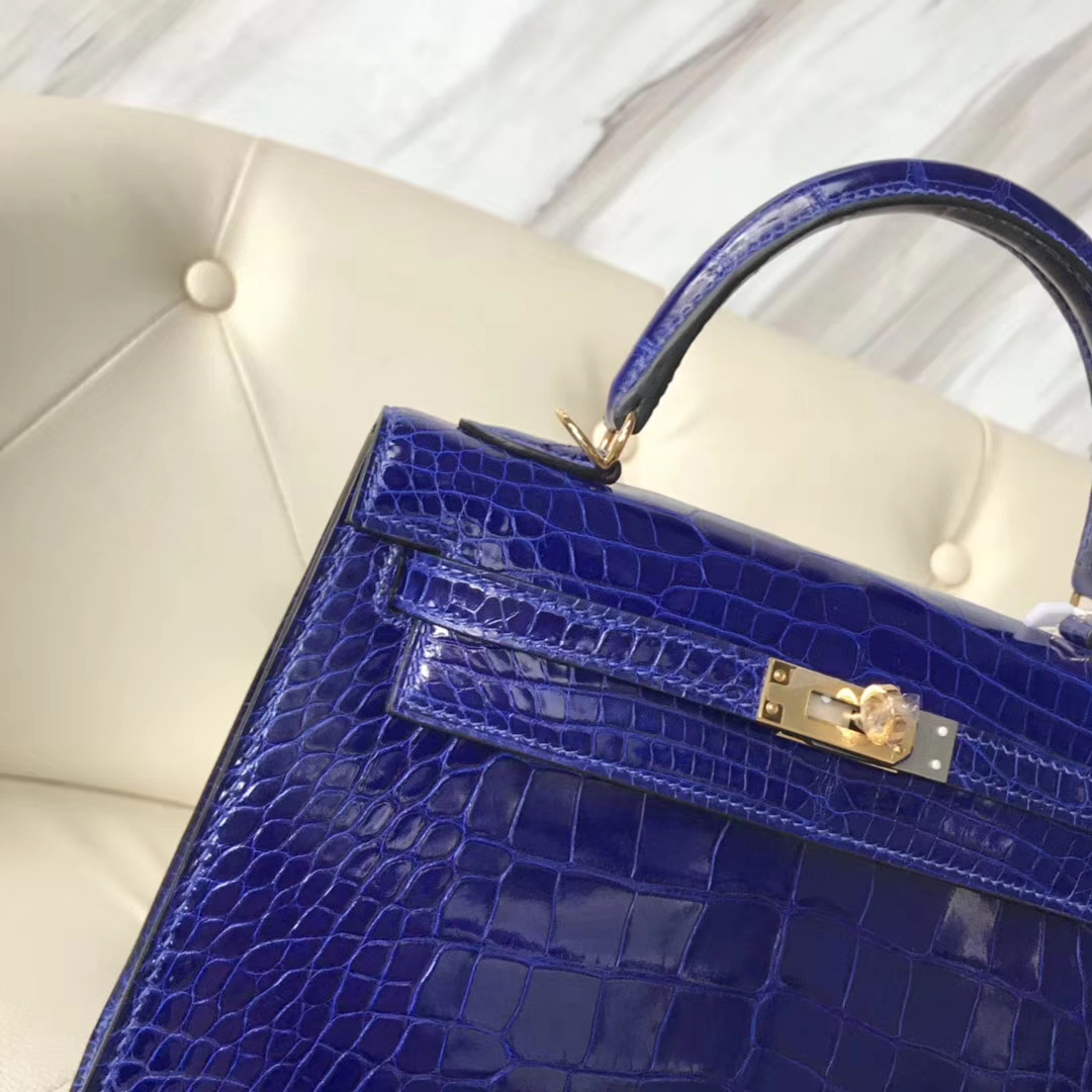 Hermès（爱马仕）Kelly25cm Crocodile shiny 亮面鳄鱼 7T 电光蓝 Blue eletric 金扣