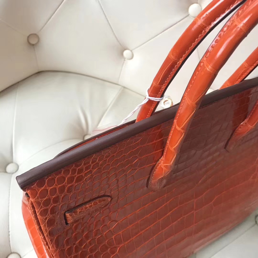Hermès（爱马仕）Birkin Porosus shiny 亮面鳄鱼 8V 罂粟橘 金扣 35cm