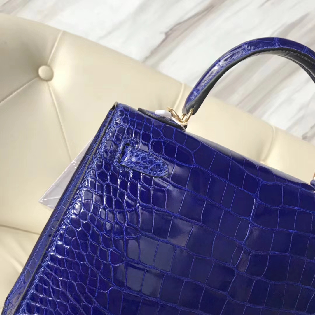 Hermès（爱马仕）Kelly25cm Crocodile shiny 亮面鳄鱼 7T 电光蓝 Blue eletric 金扣