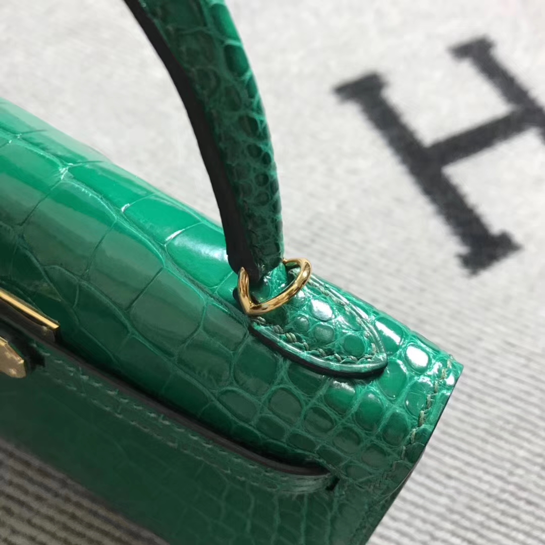 Hermès（爱马仕）亮面美洲鳄鱼 mini 2代 翡翠绿 金扣