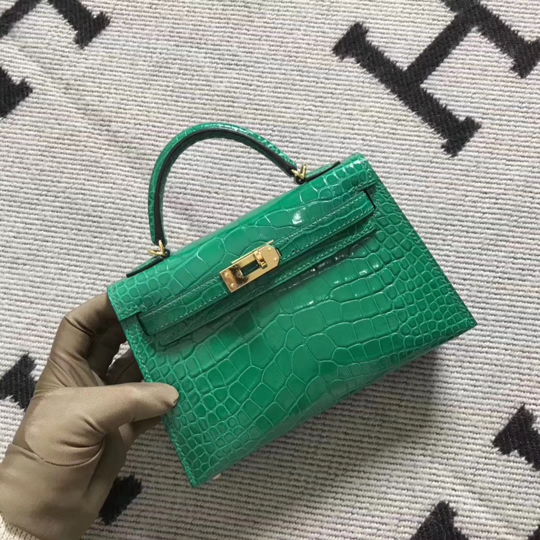Hermès（爱马仕）亮面美洲鳄鱼 mini 2代 翡翠绿 金扣
