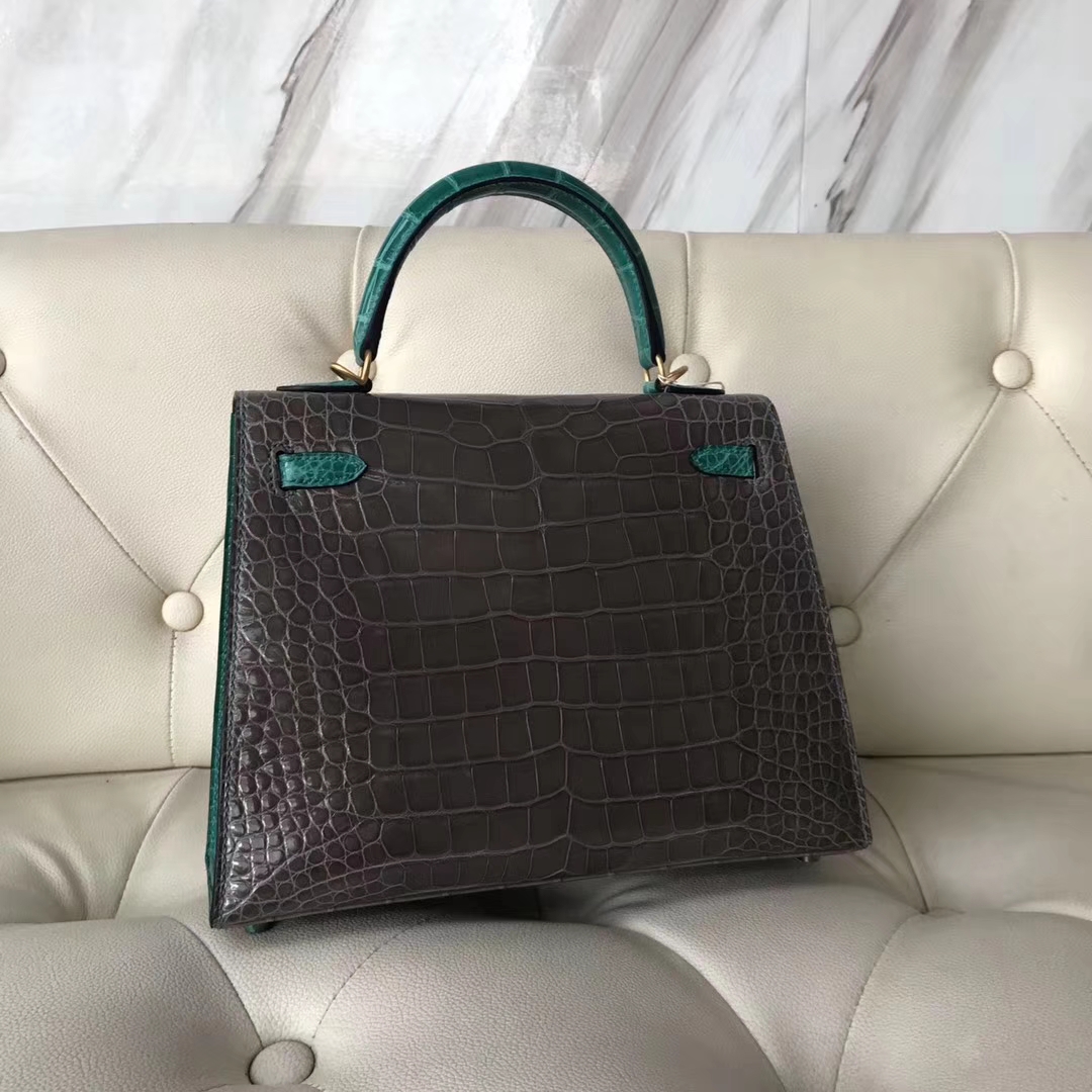 Hermès（爱马仕）Kelly shiny alligator crocodile 亮面框框鳄鱼 ck81斑鸠灰拼6Q翡翠绿 25cm