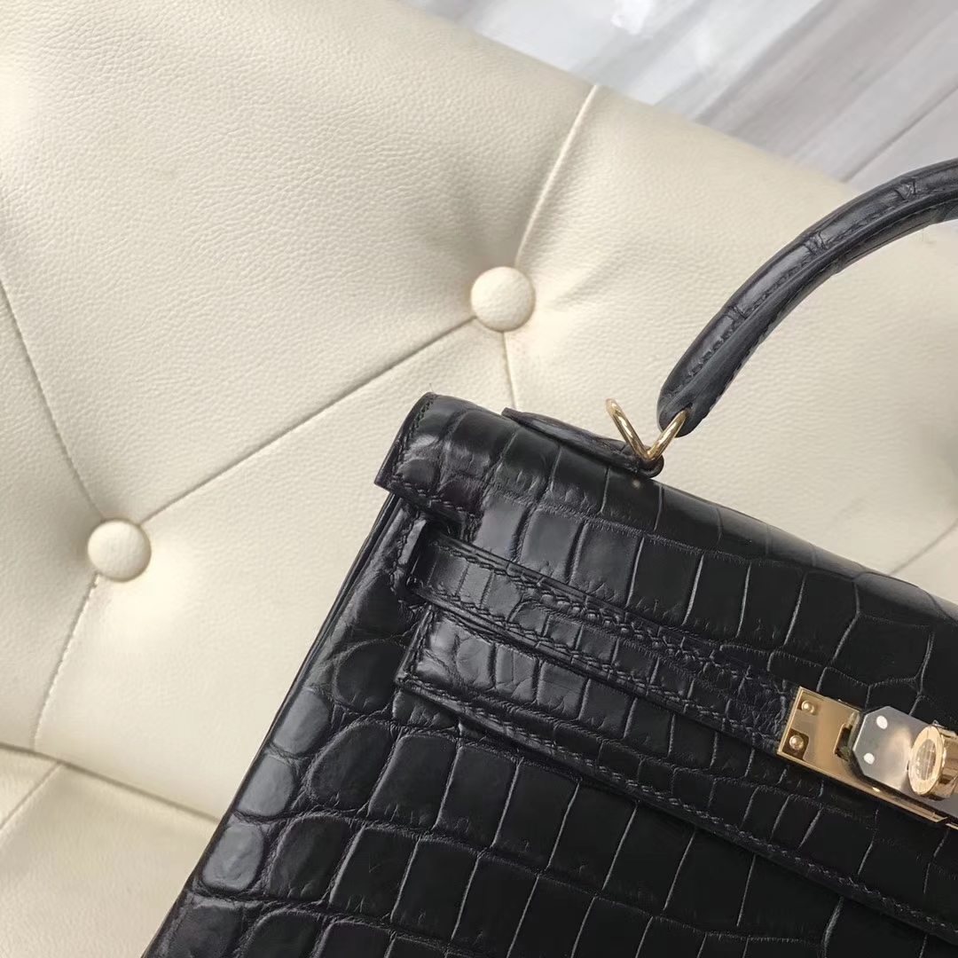 Hermès（爱马仕）Kelly Matt crocodile 雾面两点尼罗鳄 ck89黑色 蜡线全手工 金扣 25cm