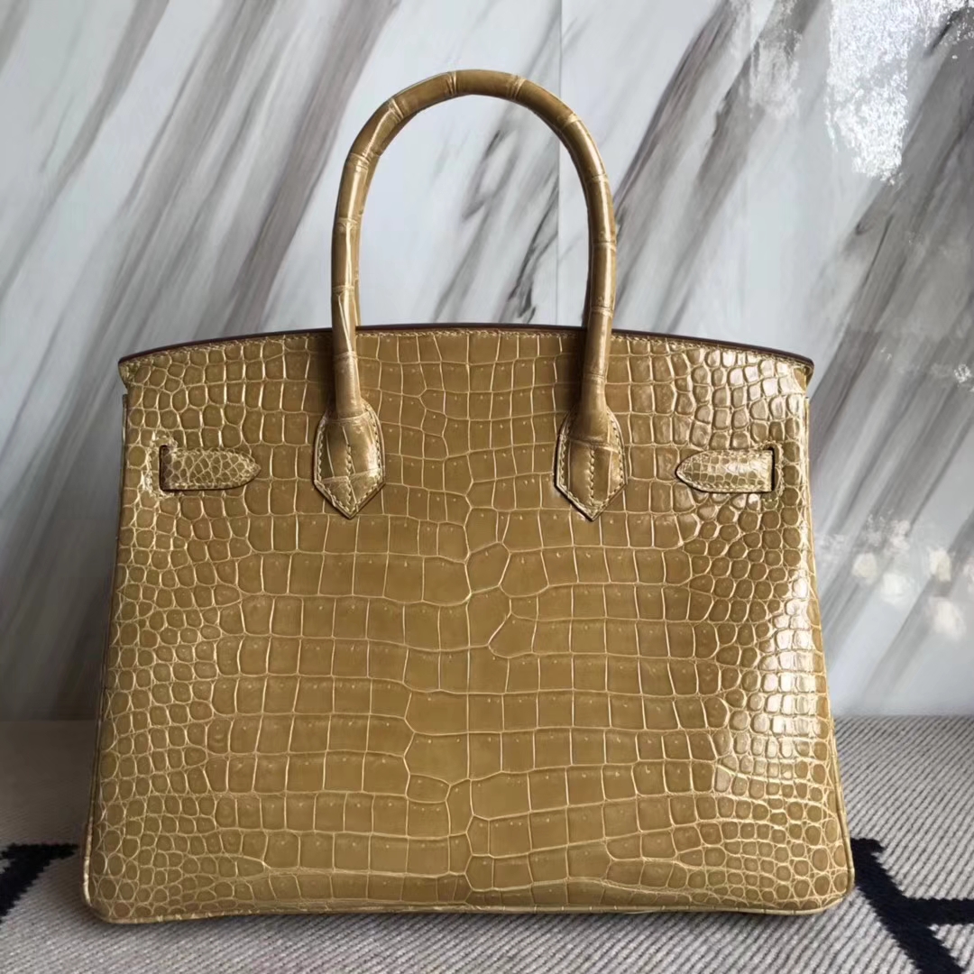 Hermès（爱马仕）Birkin30cm Porosus shiny 亮面澳洲湾鳄  杏色 奶茶色 金扣
