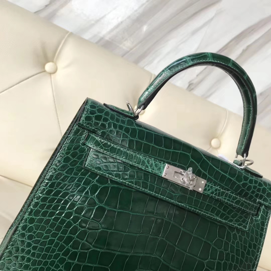 Hermès（爱马仕）Kelly25cm Alligator shiny 亮面鳄鱼 ck67 祖母绿 vert fonce 银扣