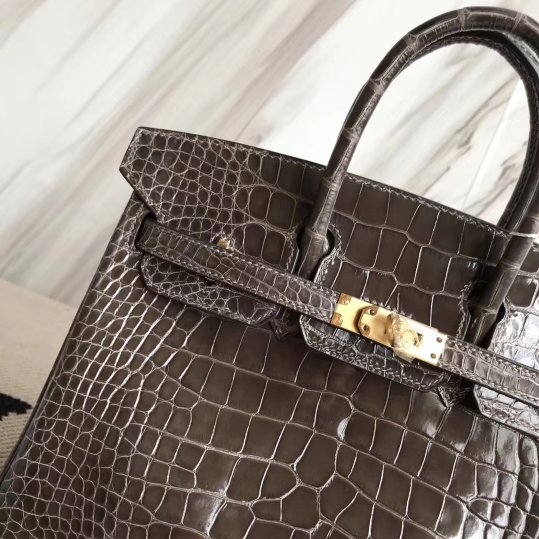 Hermès（爱马仕）Birkin25cm Alligator shiny 亮面鳄鱼 88  石墨灰 Graphite 金扣