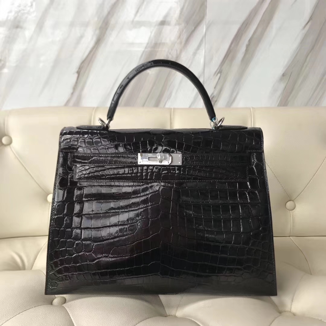 Hermès（爱马仕）Kelly shiny nilo crocodile 亮面尼罗鳄 ck89黑色 蜡线全手工 银扣 32cm