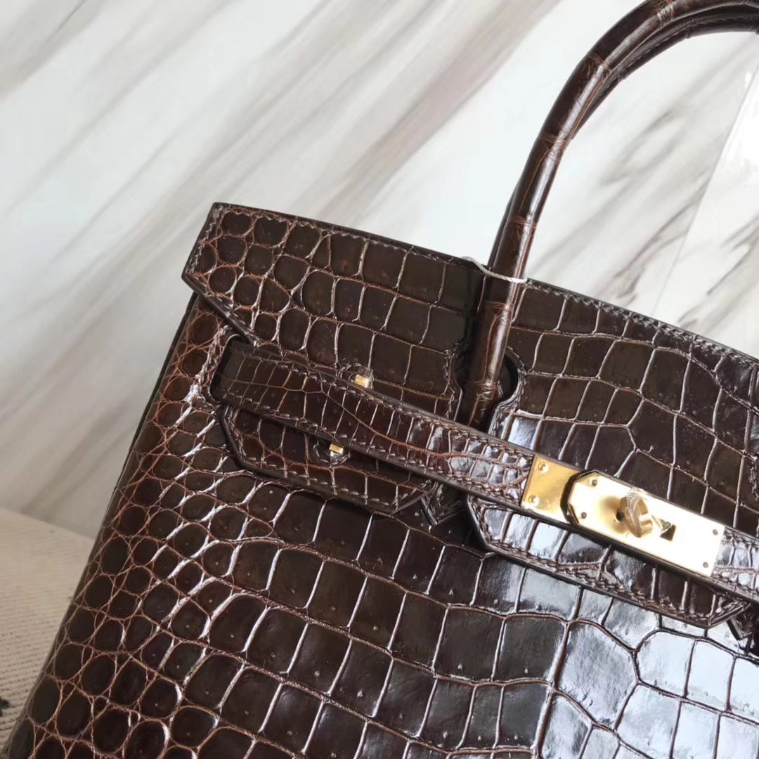 Hermès（爱马仕）Birkin30cm Porosus shiny 亮面澳洲湾鳄  咖啡色 巧克力色 金扣