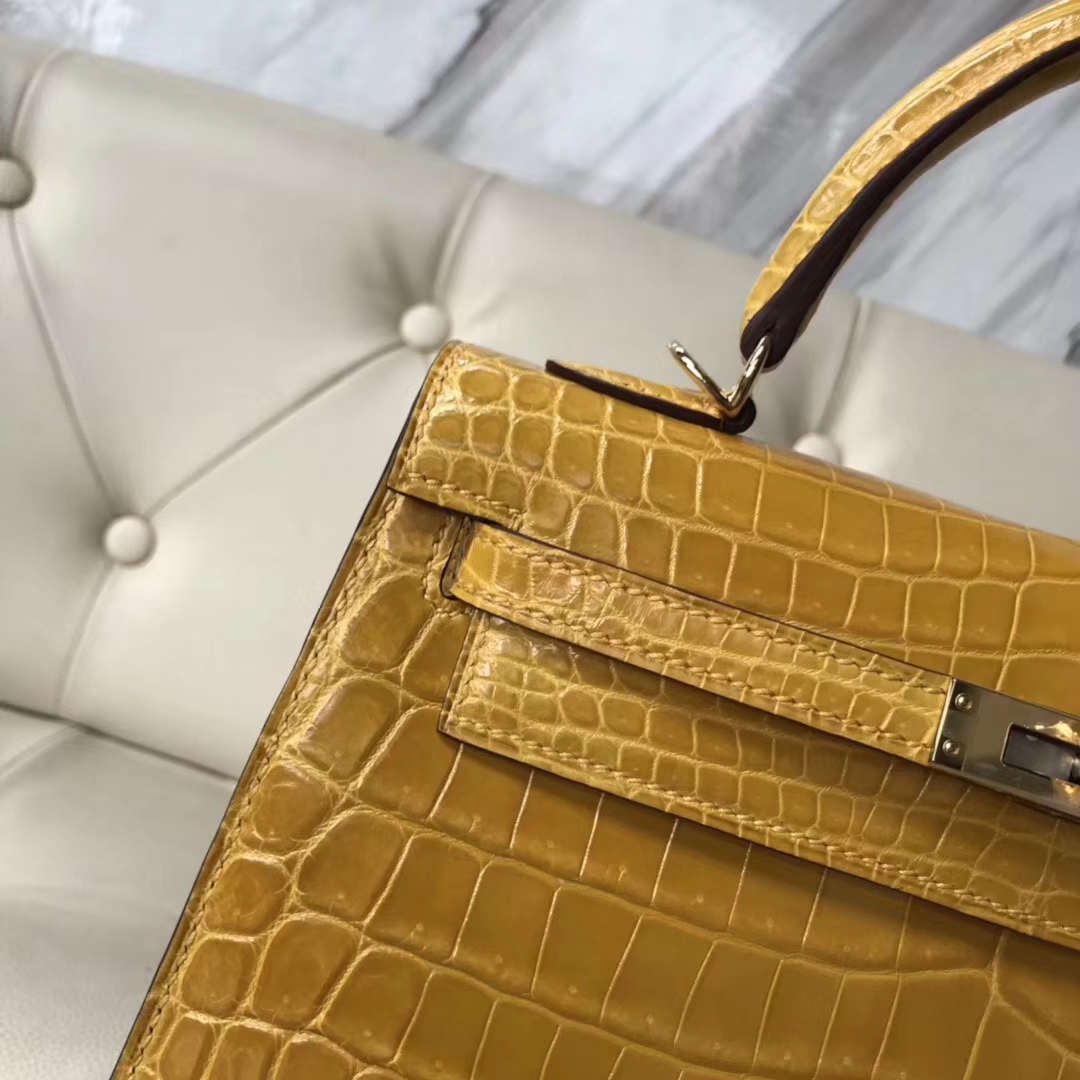 Hermès（爱马仕）Kelly25cm shiny nilo crocodile 亮面尼罗鳄 9D琥珀黄 顶级工艺 全手工蜜蜡线缝 金扣