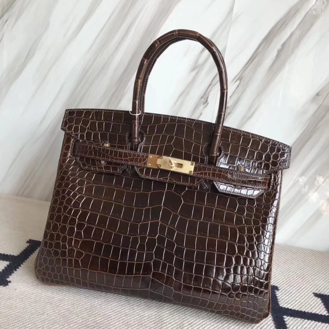 Hermès(爱马仕)Birkin30cm Porosus shiny 亮面澳洲湾鳄 咖啡色 巧克力色 金扣-拉尔森鳄鱼皮具定制 - 爱马仕包包官网 Hermès(爱马仕)Birkin30cm Porosus shiny 亮面澳洲湾鳄 咖啡色 巧克力色 金扣