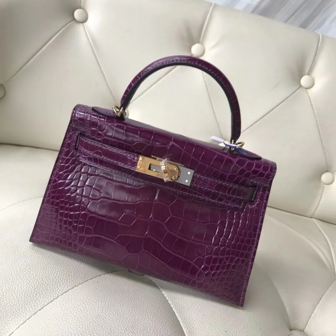 Hermès(爱马仕)Kelly 2代 19cm shiny alligator crocodile 亮面框框鳄鱼 N5加仑紫 顶级工艺 蜡线全手工 金扣-拉尔森鳄鱼皮具定制 - 爱马仕包包官网 Hermès(爱马仕)Kelly 2代 19cm shiny alligator crocodile 亮面框框鳄鱼 N5加仑紫 顶级工艺 蜡线全手工 金扣