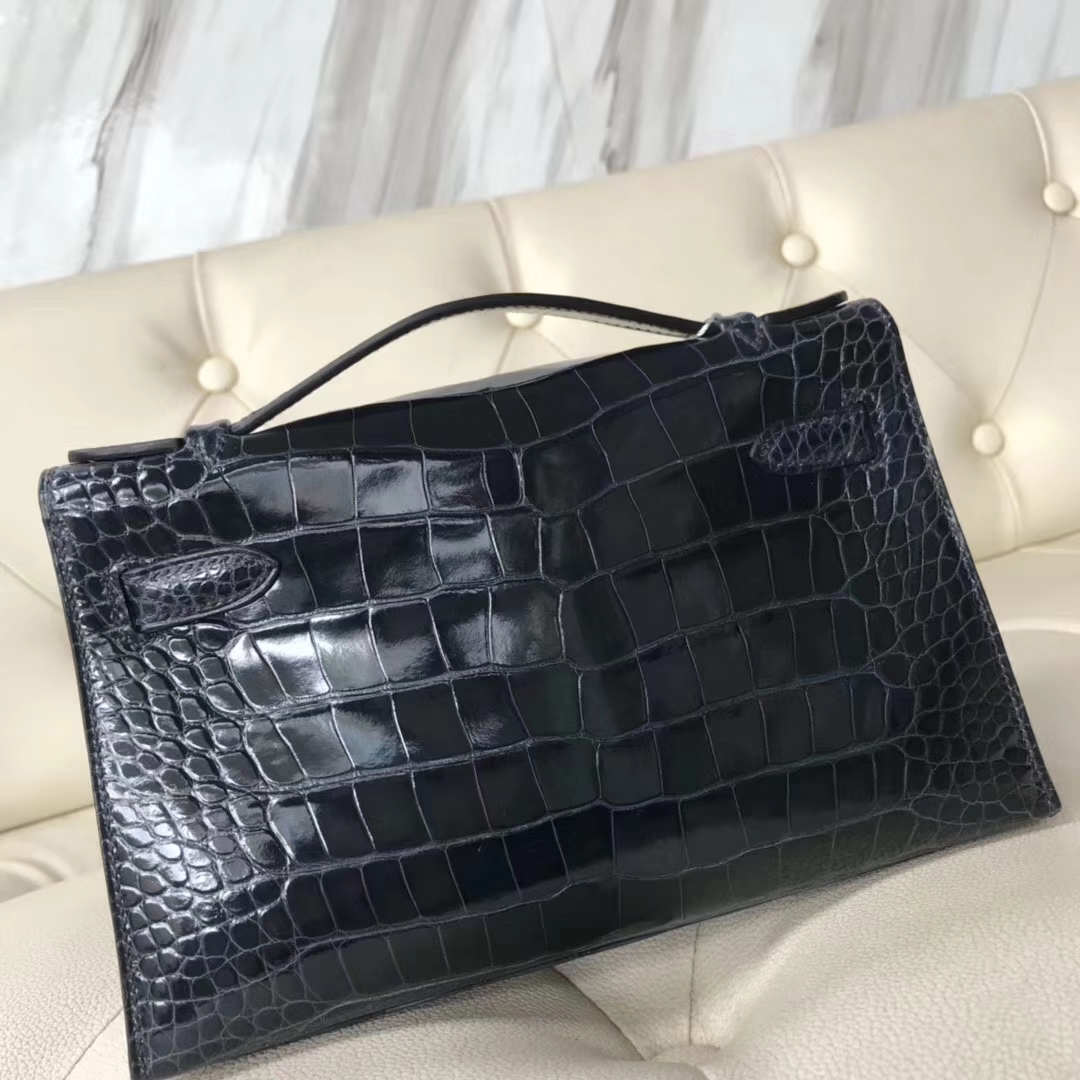 Hermès（爱马仕）Minikelly pochette 亮面鳄鱼 7k 深海蓝 金扣 手拿包 晚宴包 22cm