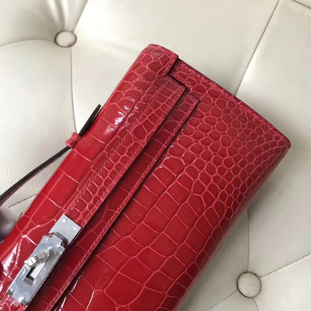 Hermès（爱马仕）Kelly31cm Porosus shiny 亮面澳洲鳄鱼 ck95 法拉利红 Braise 银扣