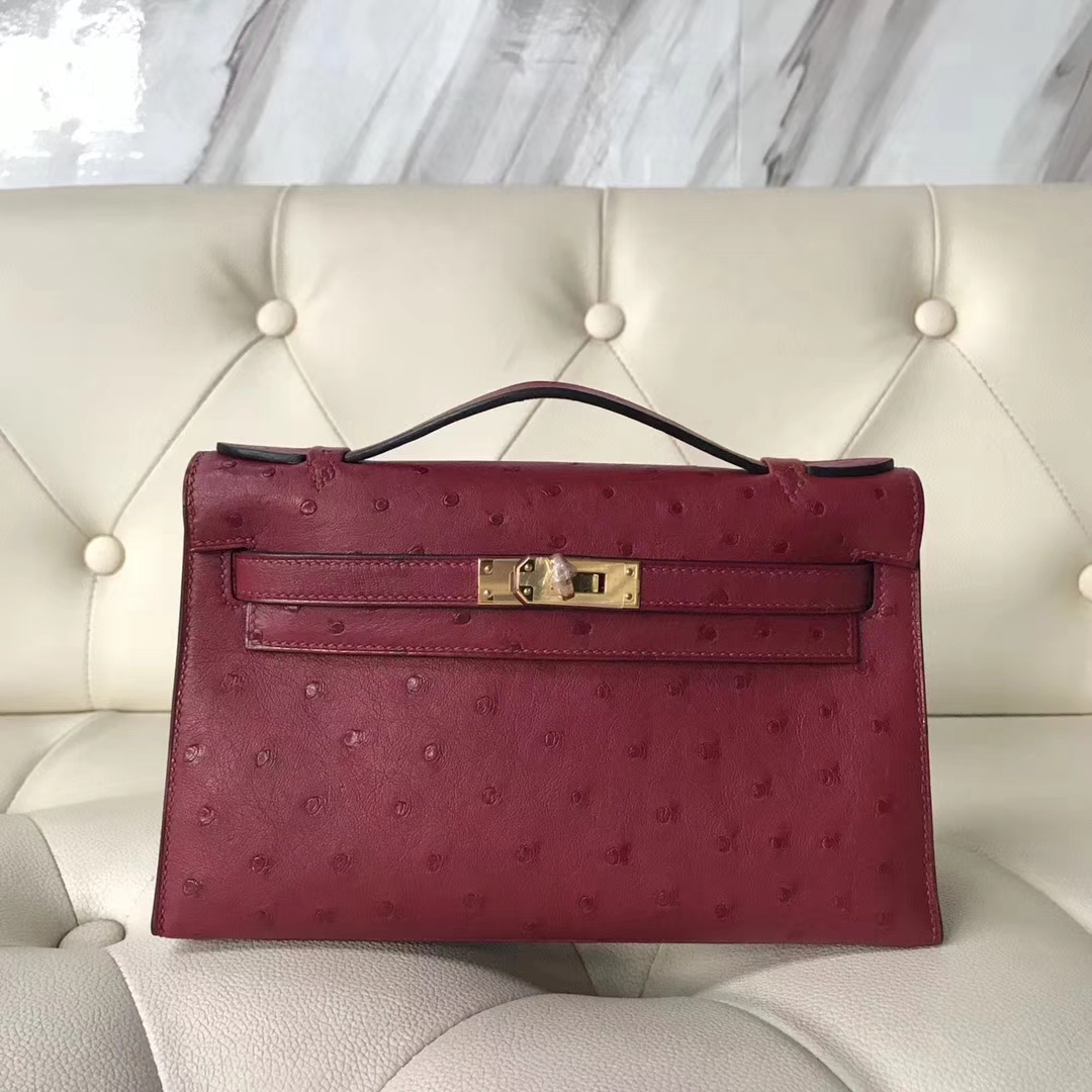 Hermès（爱马仕）Mini Kelly 22cm ostrich kk鸵鸟  枣红色 顶级工艺 蜡线全手工 接受定制