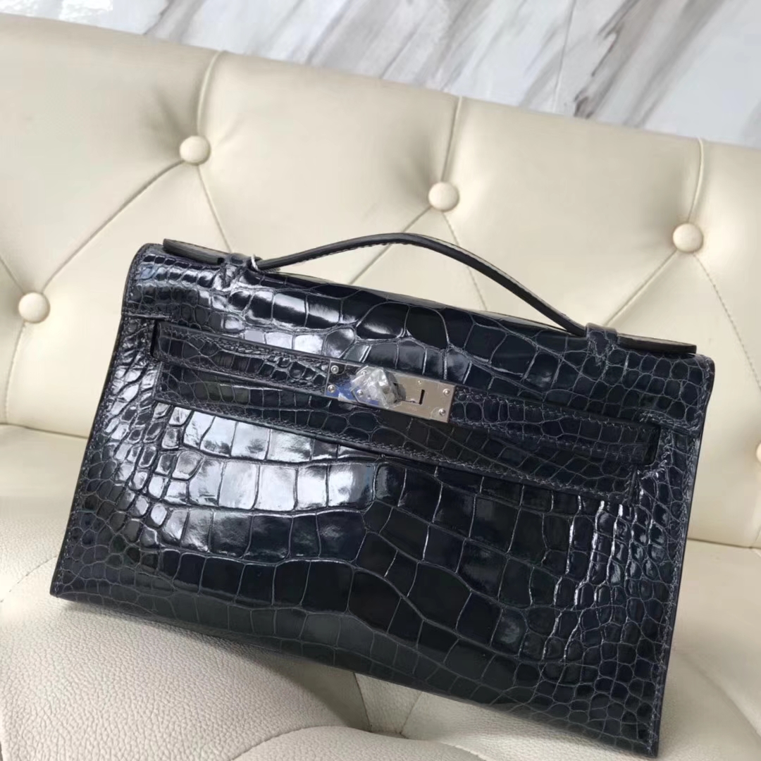 Hermès（爱马仕）Minikelly pochette 亮面鳄鱼 7k 深海蓝 银扣 手拿包 晚宴包 22cm