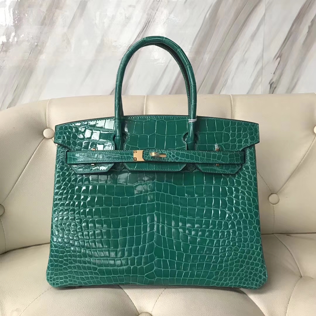 Hermès（爱马仕）Birkin30cm shiny porosus crocodile 亮面澳洲湾鳄 6Q翡翠绿 蜡线全手工 金扣