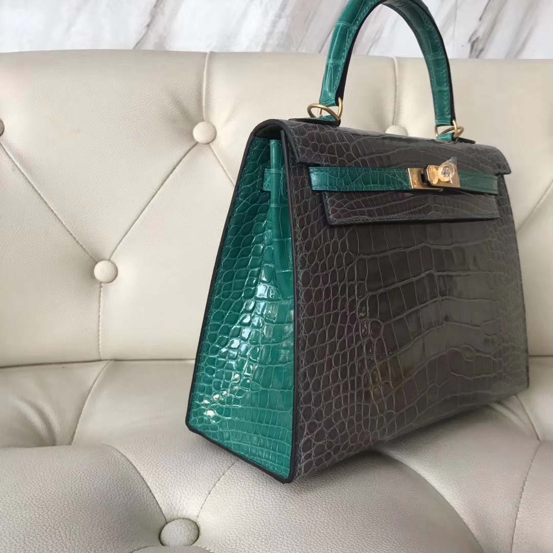 Hermès（爱马仕）Kelly shiny alligator crocodile 亮面框框鳄鱼 ck81斑鸠灰拼6Q翡翠绿 25cm