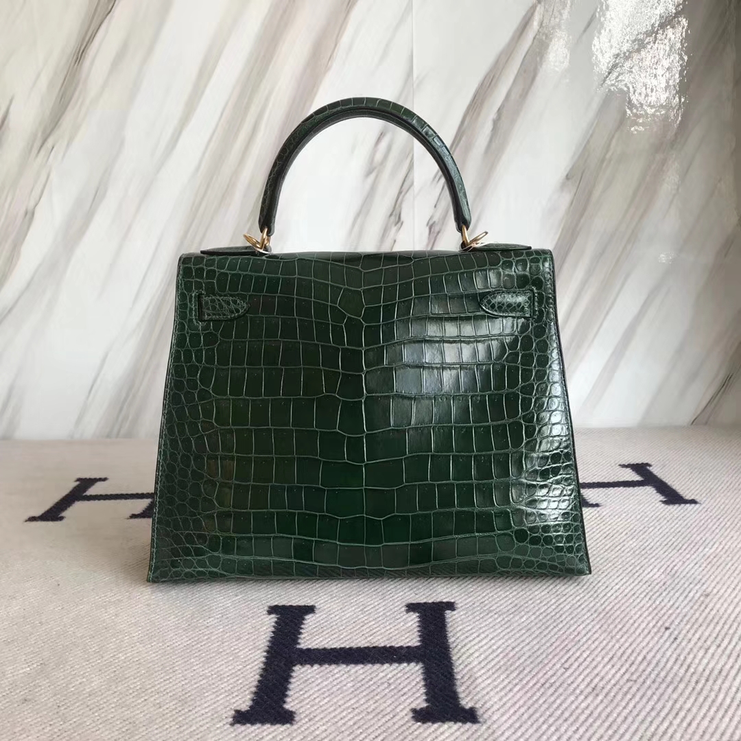 Hermès（爱马仕）Kelly28cm shiny porosus crocodile 澳洲湾鳄 ck67祖母绿 顶级工艺 全手工蜜蜡线缝 金扣