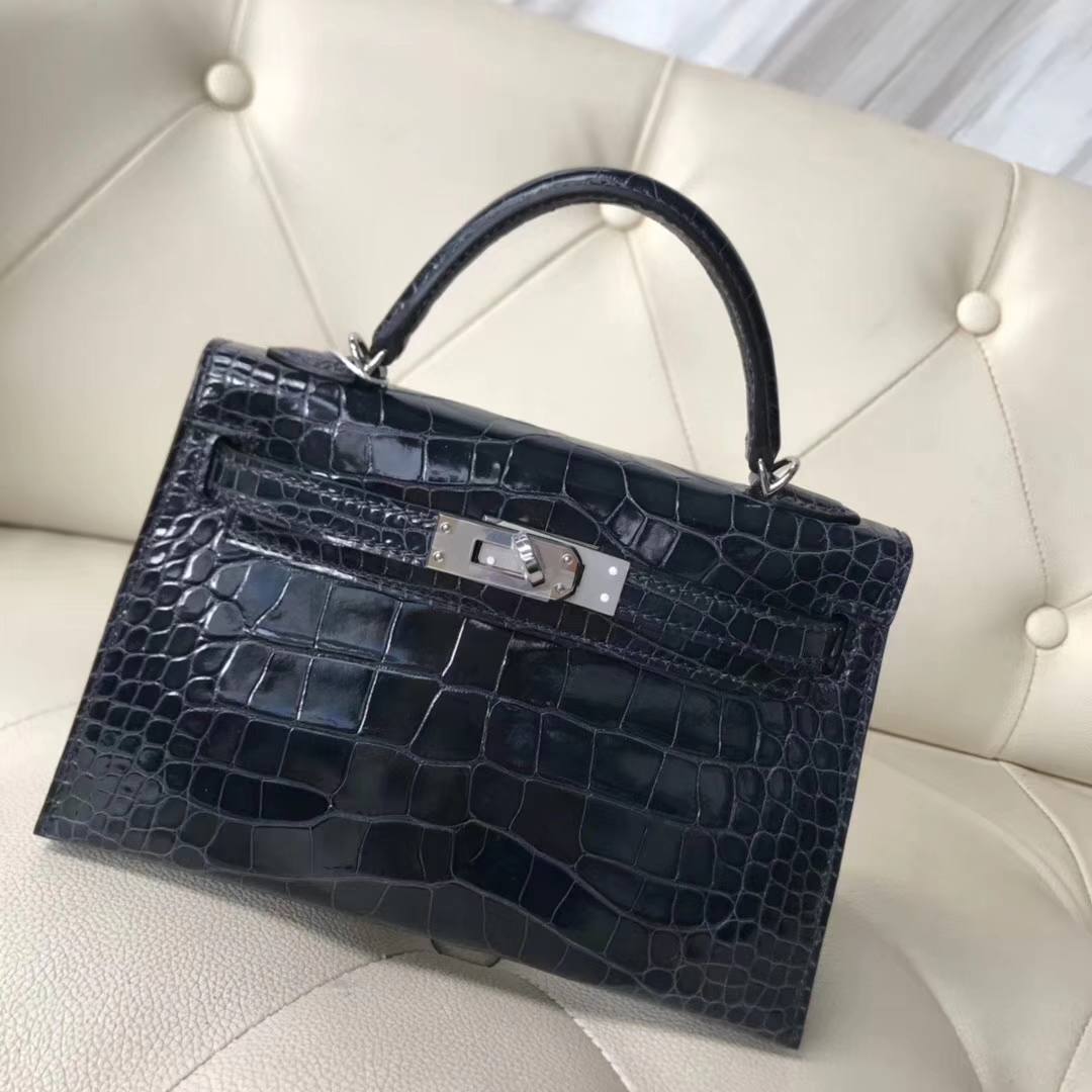 Hermès（爱马仕）Minikelly ll Alligator shiny 亮面鳄鱼 77k 深海蓝 blue indgo 银扣