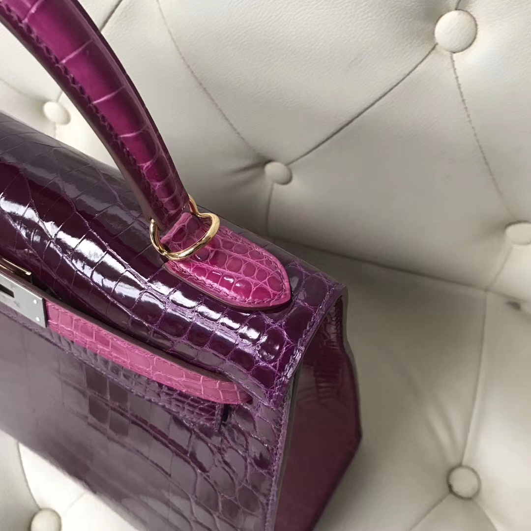 Hermès（爱马仕）Kelly shiny crocodile 亮面尼罗鳄 N5加仑紫拼J5天方夜谭粉紫 金扣 28cm