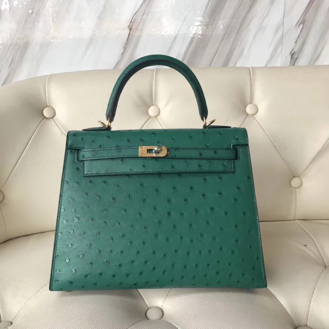 Hermès（爱马仕）Kelly ostrich kk鸵鸟 U4丝绒绿 顶级工艺 蜡线全手工 金扣 25cm
