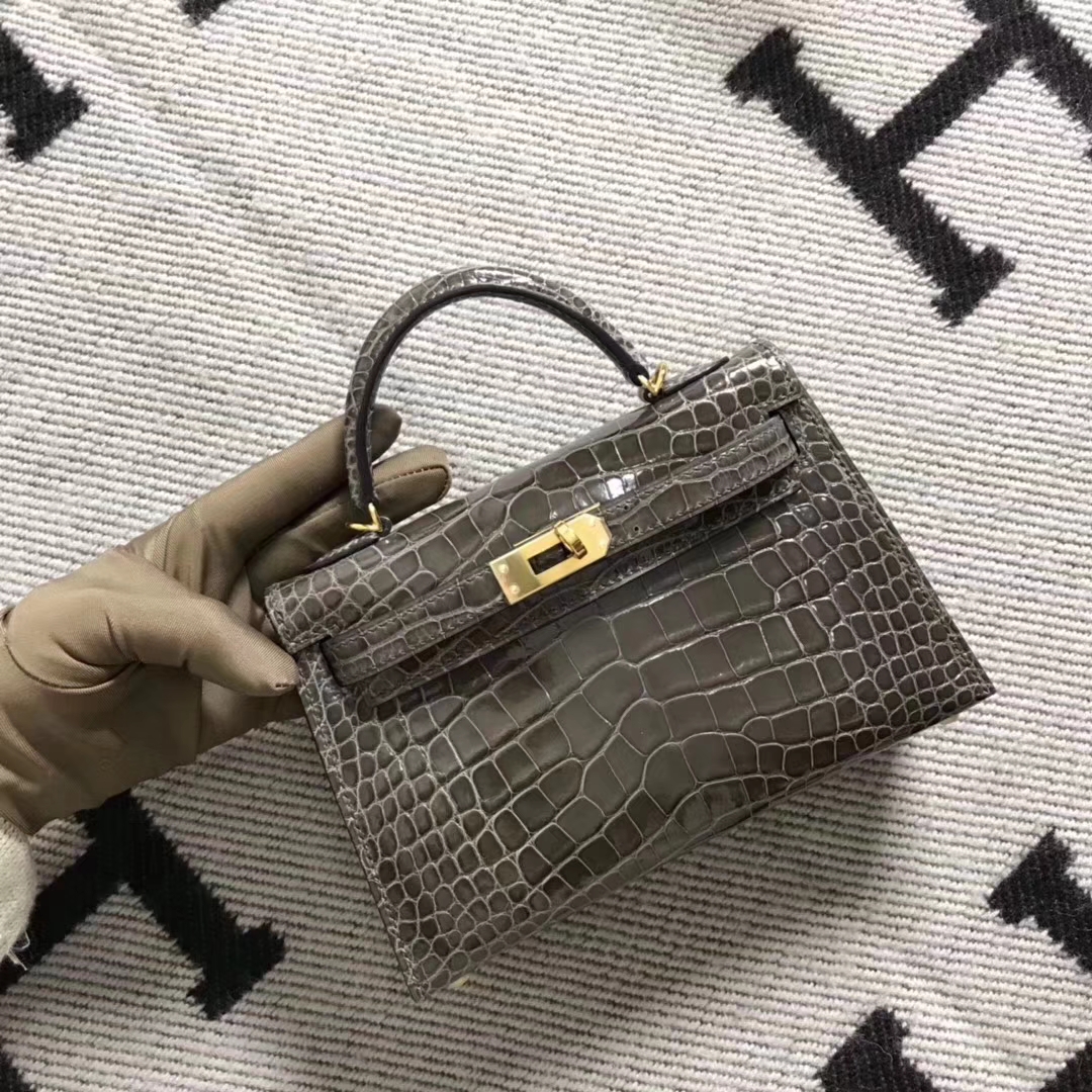 Hermès（爱马仕）亮面美洲鳄鱼 mini 2代 铁灰色 金扣