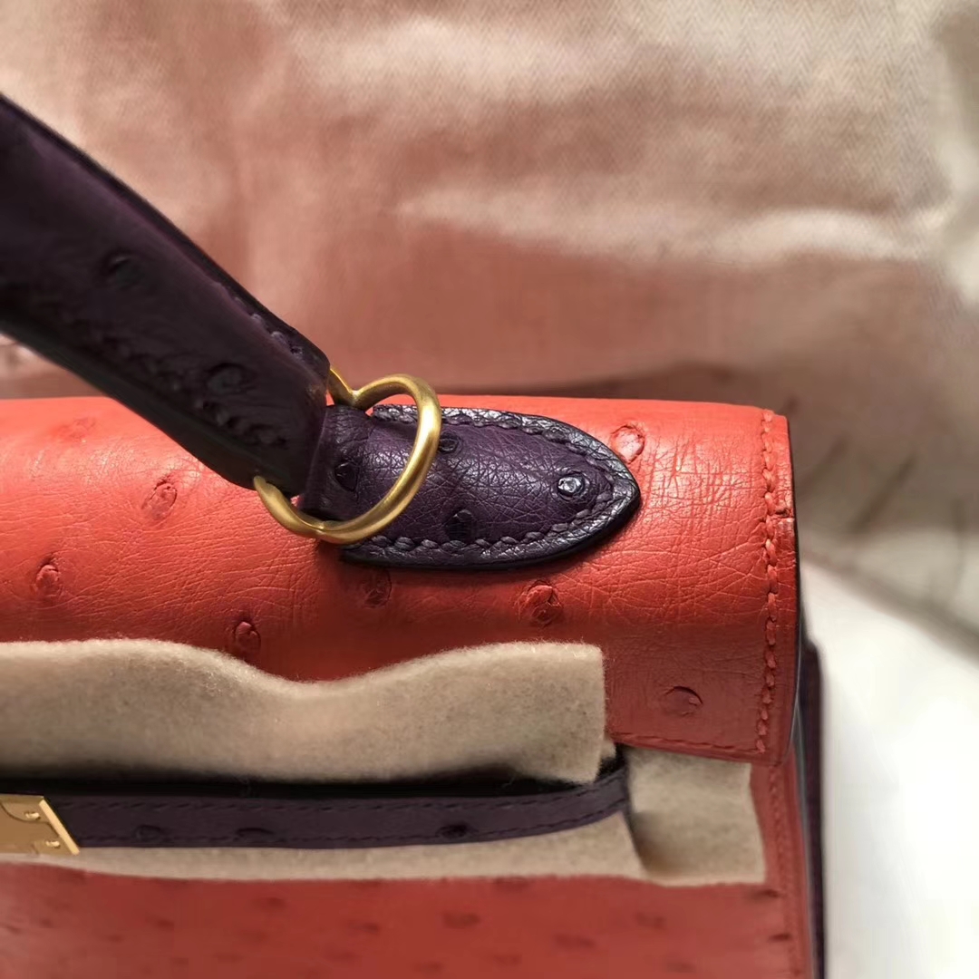 Hermès（爱马仕）Kelly Ostrich kk 鸵鸟 A5 杜鹃红 9w 梦幻紫 金扣 马蹄印 25cm