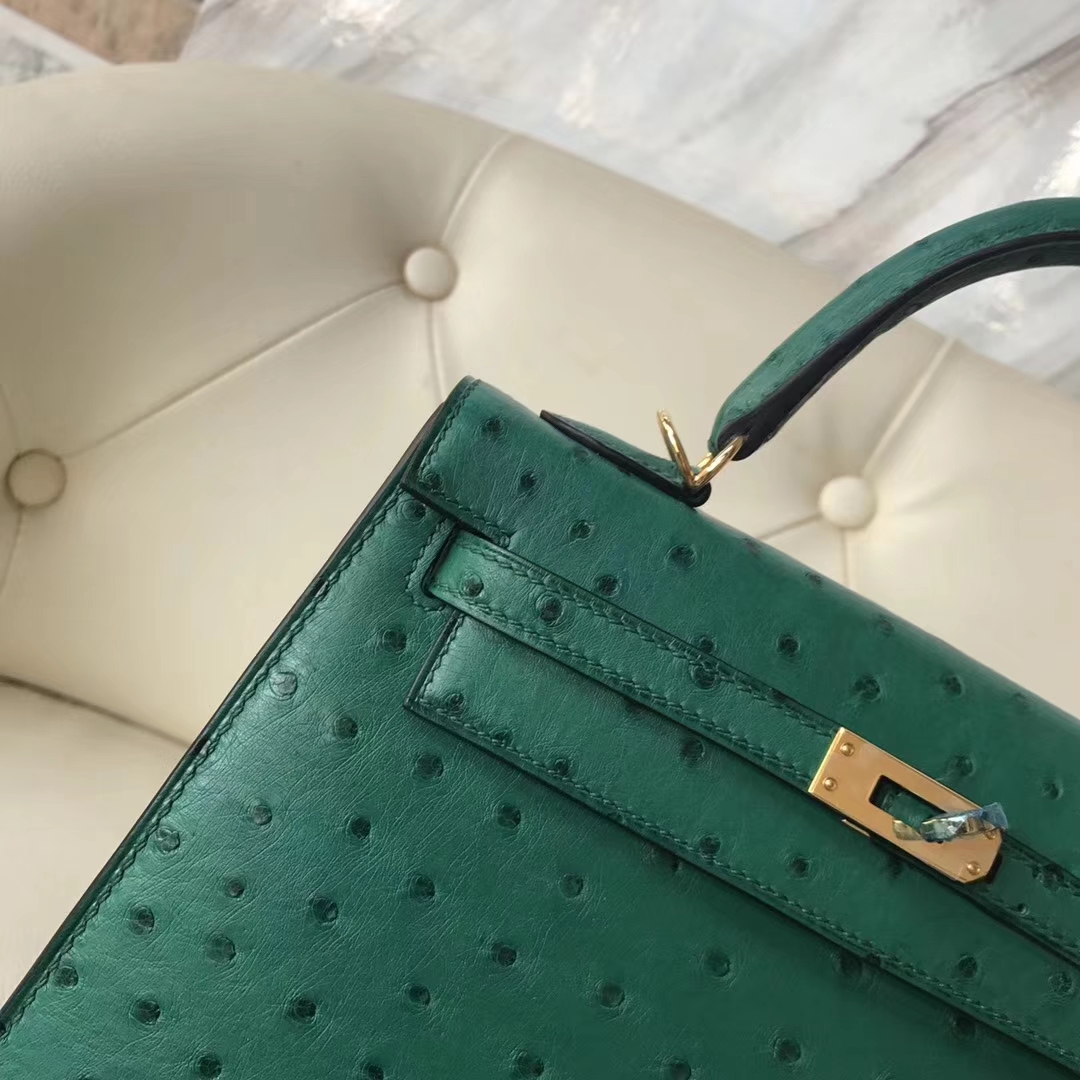 Hermès(爱马仕)Kelly ostrich kk鸵鸟 U4丝绒绿 顶级工艺 蜡线全手工 金扣 25cm-拉尔森鳄鱼皮具定制 - 爱马仕包包官网 Hermès(爱马仕)Kelly ostrich kk鸵鸟 U4丝绒绿 顶级工艺 蜡线全手工 金扣 25cm