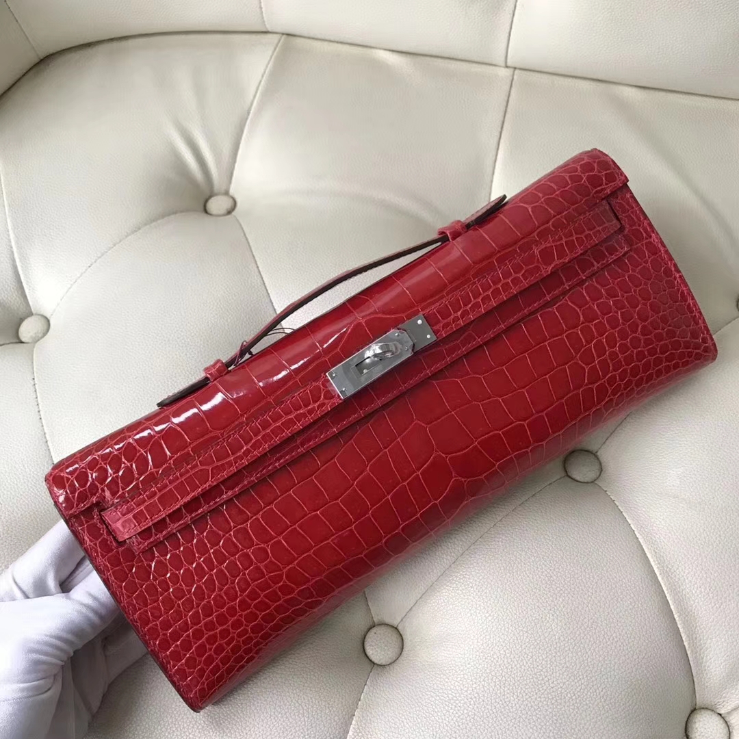 Hermès（爱马仕）Kelly31cm Porosus shiny 亮面澳洲鳄鱼 ck95 法拉利红 Braise 银扣