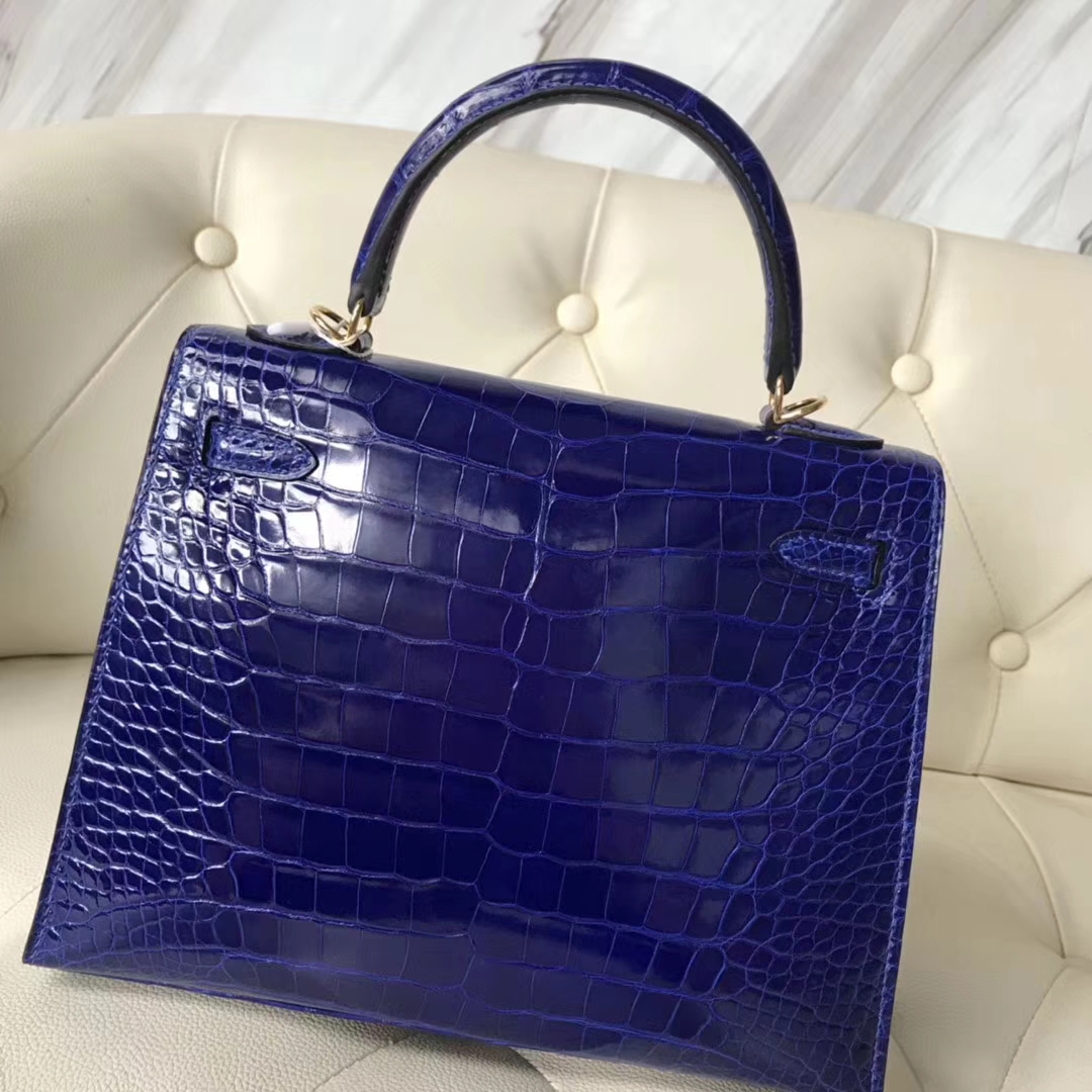 Hermès（爱马仕）Kelly25cm Crocodile shiny 亮面鳄鱼 7T 电光蓝 Blue eletric 金扣