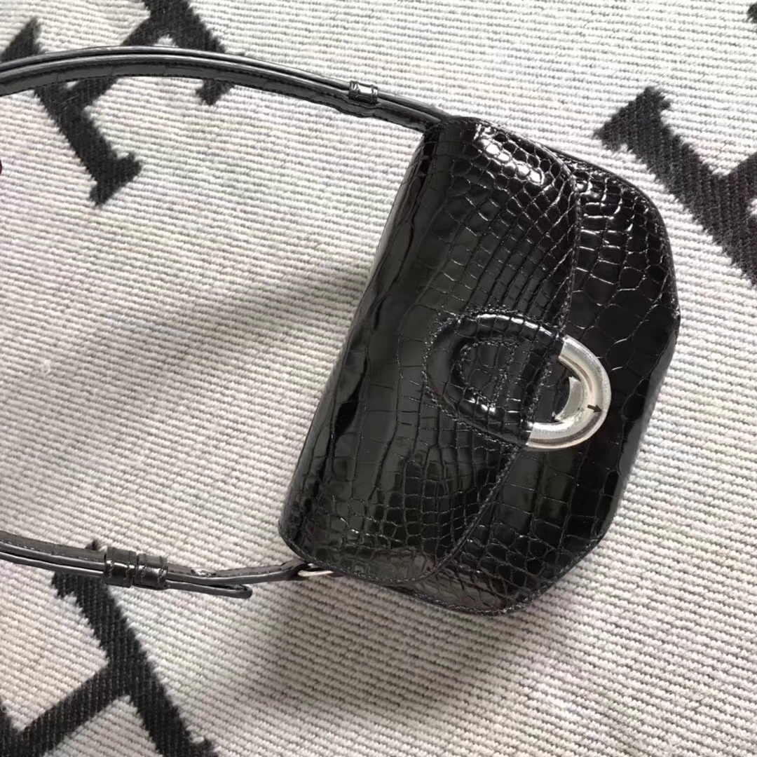 Hermès（爱马仕）Cherche midi  黑色银扣 美洲鳄新款 20cm