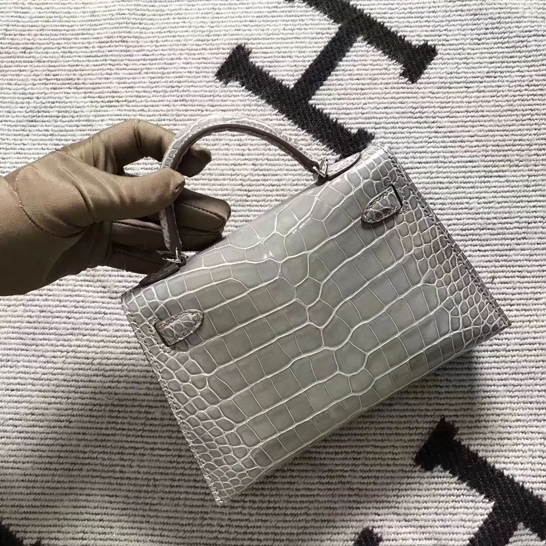 Hermès（爱马仕）亮面美洲鳄鱼mini 2代 斑鸠灰