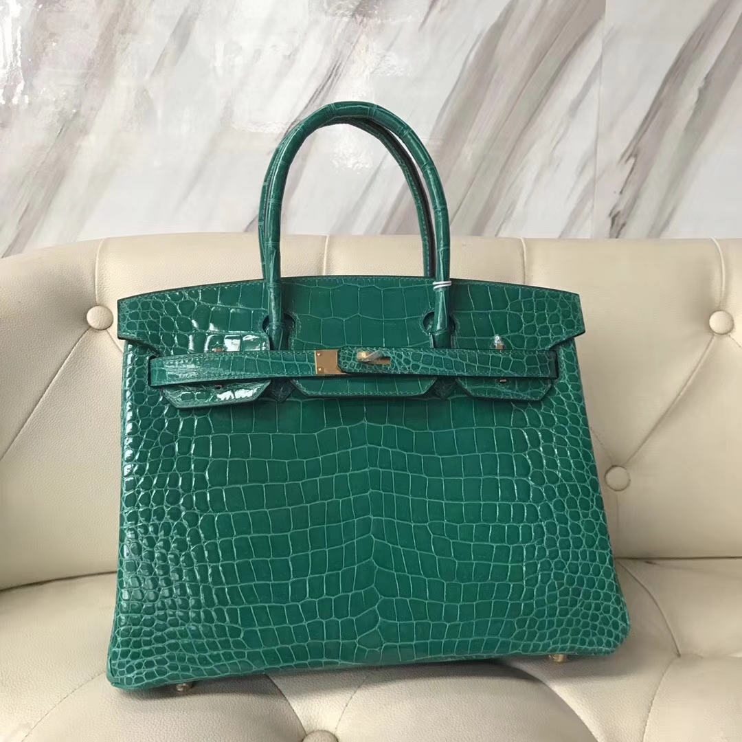 Hermès(爱马仕)Birkin30cm shiny porosus crocodile 亮面澳洲湾鳄 6Q翡翠绿 蜡线全手工 金扣-拉尔森鳄鱼皮具定制 - 爱马仕包包官网 Hermès(爱马仕)Birkin30cm shiny porosus crocodile 亮面澳洲湾鳄 6Q翡翠绿 蜡线全手工 金扣