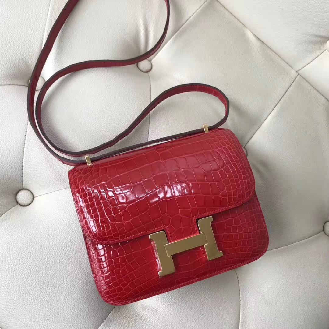 Hermès（爱马仕）Constance 19cm shiny alligator crocodile ck95法拉利红 蜡线全手工