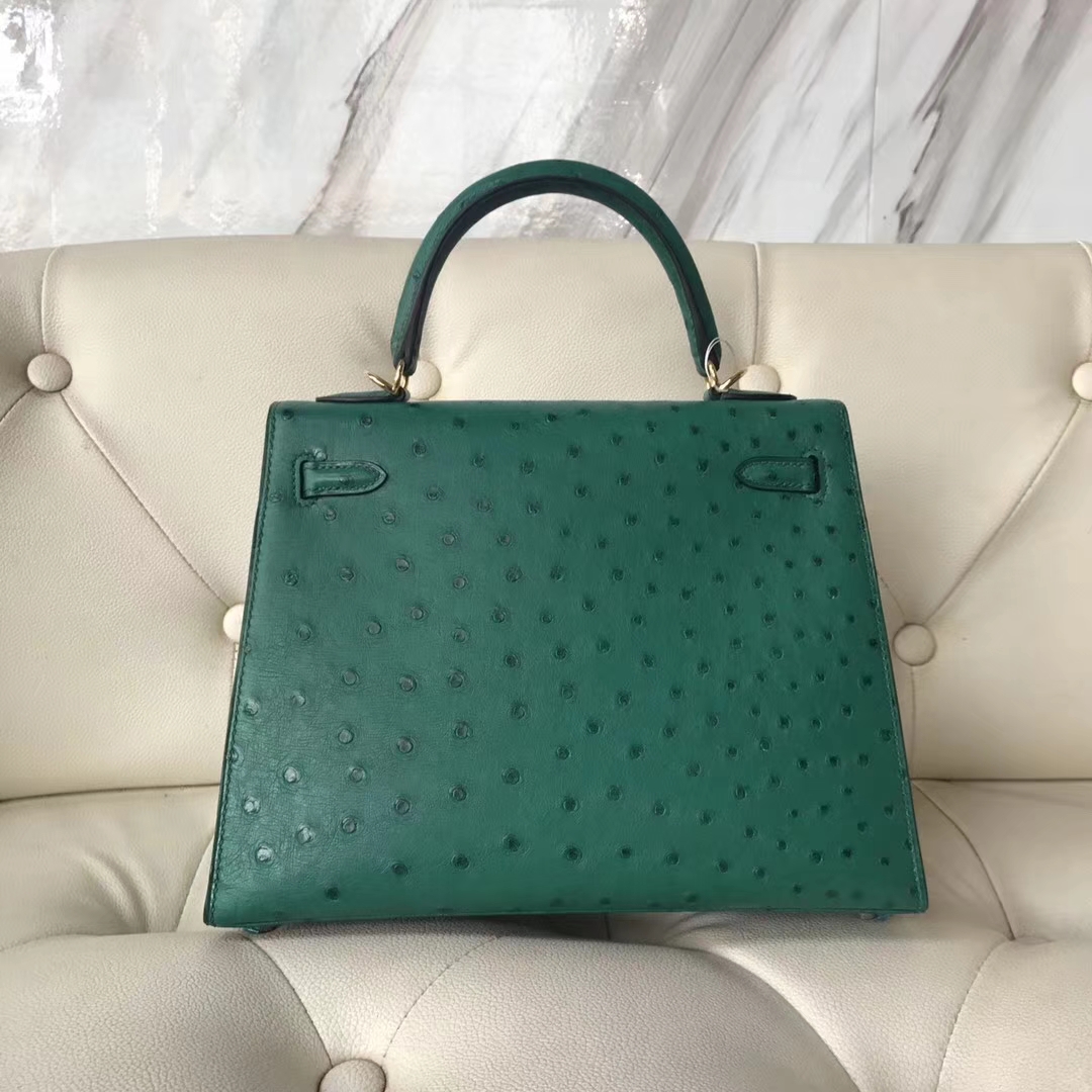 Hermès（爱马仕）Kelly ostrich kk鸵鸟 U4丝绒绿 顶级工艺 蜡线全手工 金扣 25cm