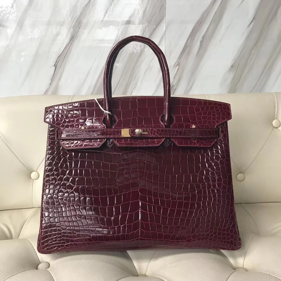 Hermès（爱马仕）Birkin shiny porosus 亮面澳洲湾鳄 F5勃艮第酒红 蜡线全手工 金扣 35cm