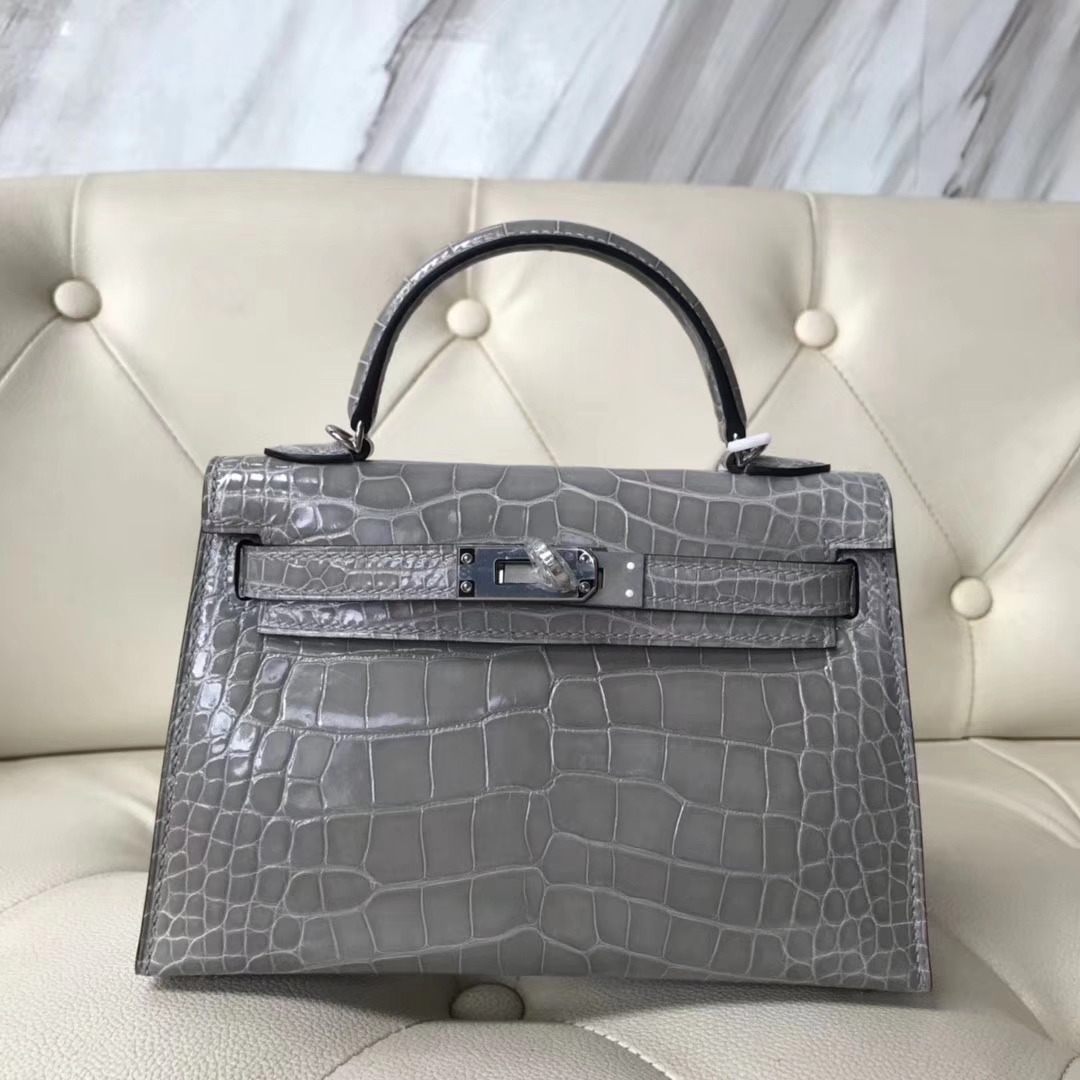 Hermès（爱马仕）Minikelly ll Alligator shiny 亮面鳄鱼 m8 巴黎灰 银扣