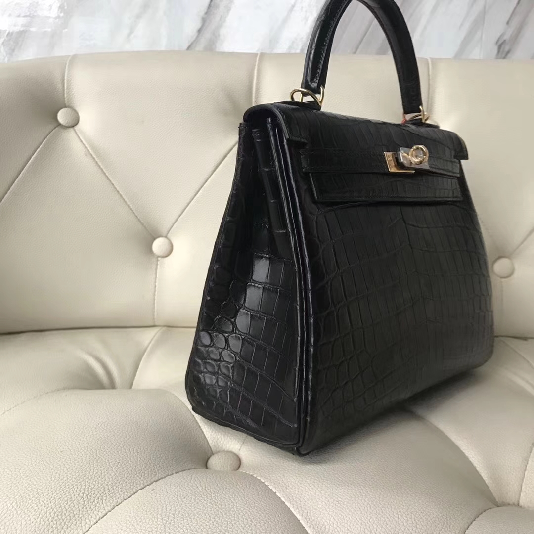 Hermès（爱马仕）Kelly Matt crocodile 雾面两点尼罗鳄 ck89黑色 蜡线全手工 金扣 25cm
