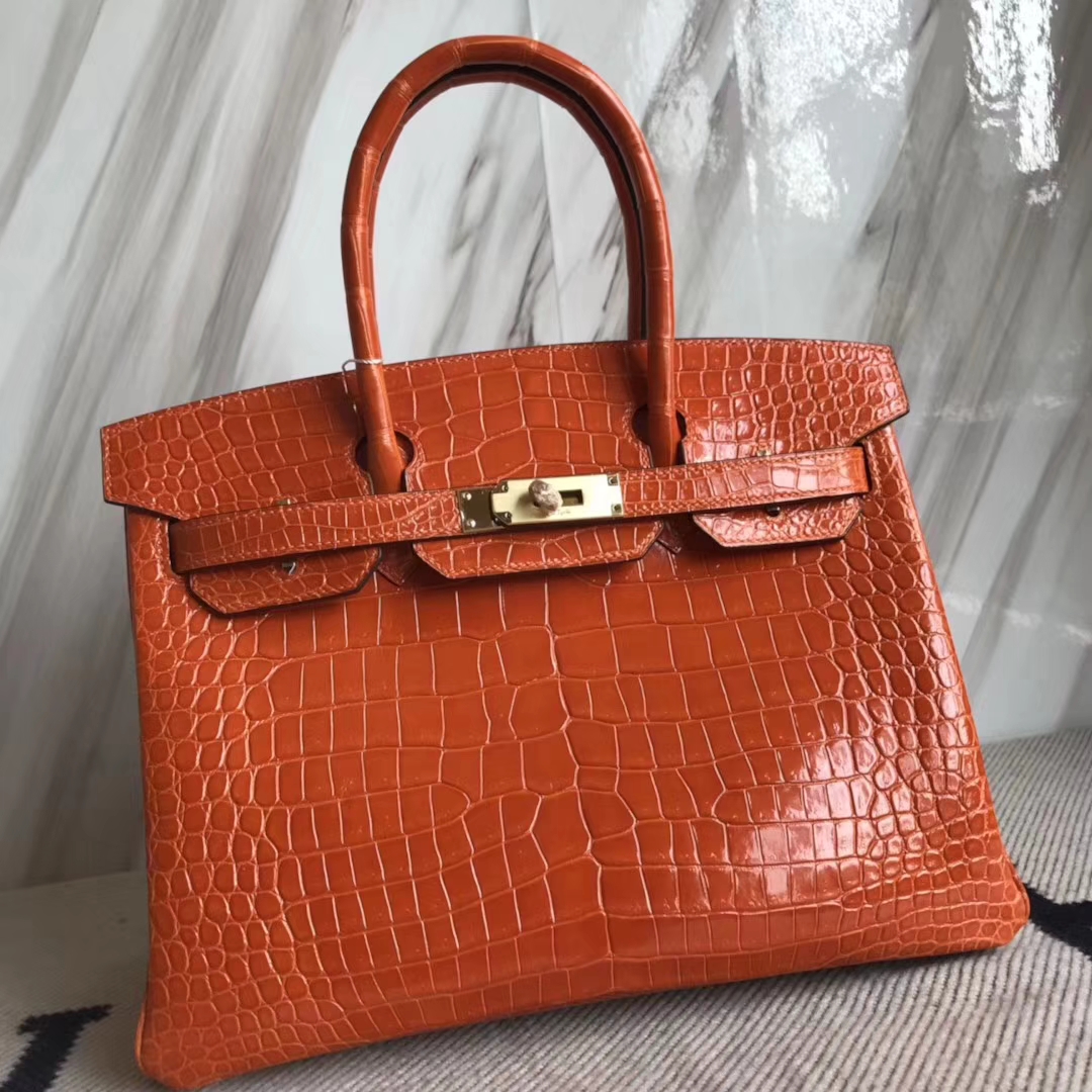 Hermès(爱马仕)Birkin30cm shiny porosus crocodile 澳洲湾鳄 8V栗罂橙 原厂御用HCp 蜡线全手工 金扣-拉尔森鳄鱼皮具定制 - 爱马仕包包官网 Hermès(爱马仕)Birkin30cm shiny porosus crocodile 澳洲湾鳄 8V栗罂橙 原厂御用HCp 蜡线全手工 金扣