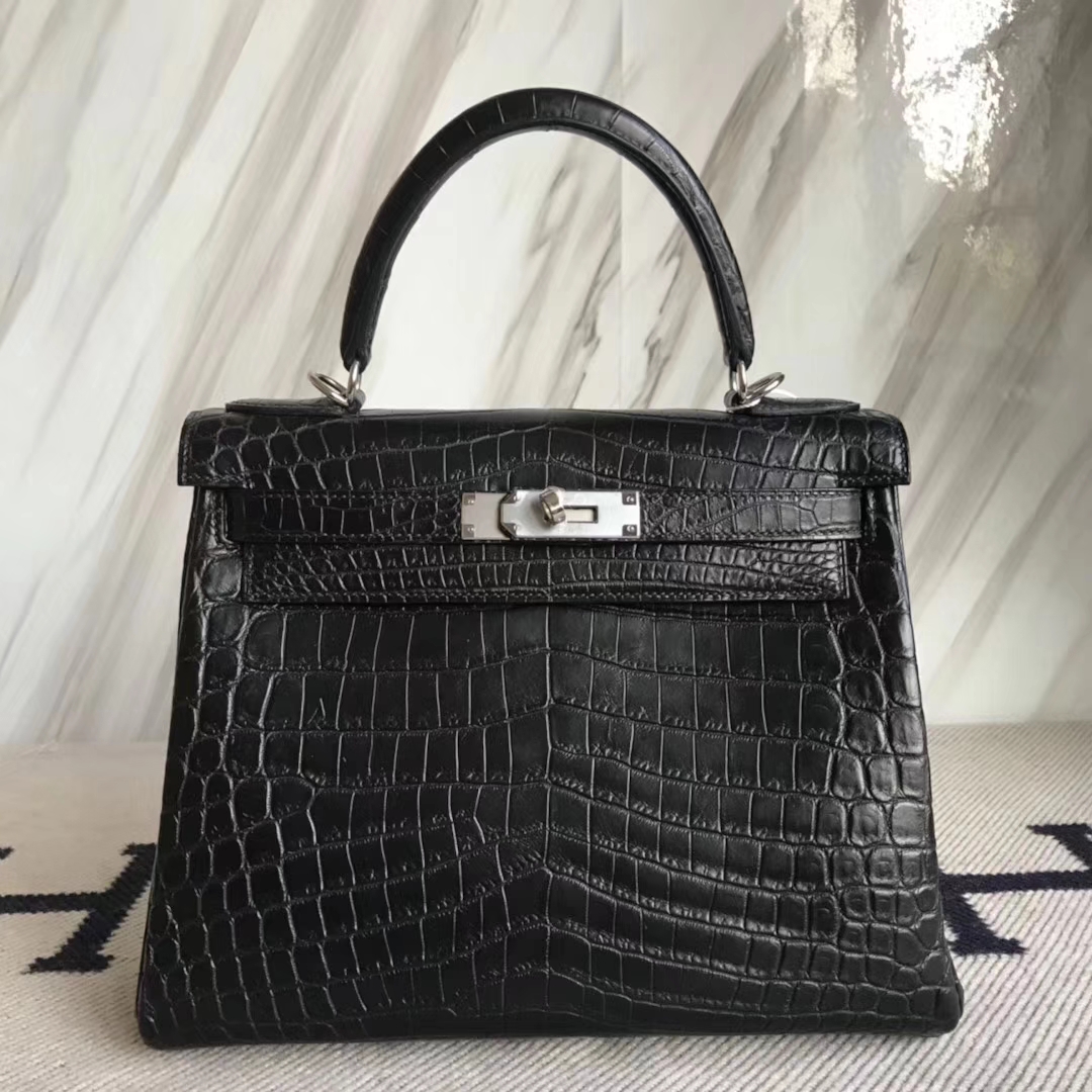 Hermès（爱马仕）Kelly雾面两点尼罗鳄 ck89黑色 顶级工艺 蜡线全手工 银扣 28cm