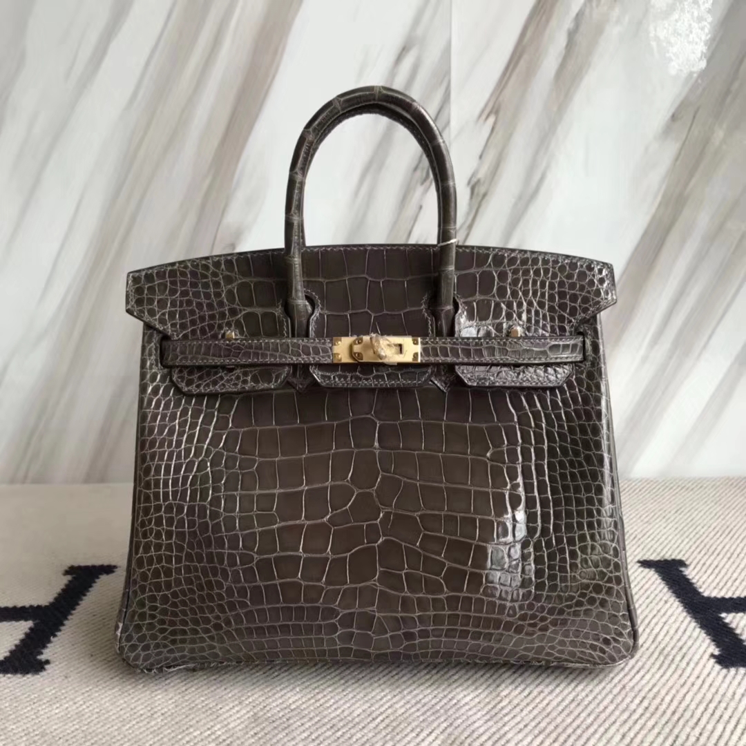 Hermès（爱马仕）Birkin25cm Alligator shiny 亮面鳄鱼 88  石墨灰 Graphite 金扣