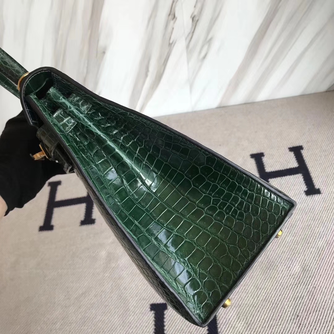 Hermès（爱马仕）Kelly28cm shiny porosus crocodile 澳洲湾鳄 ck67祖母绿 顶级工艺 全手工蜜蜡线缝 金扣