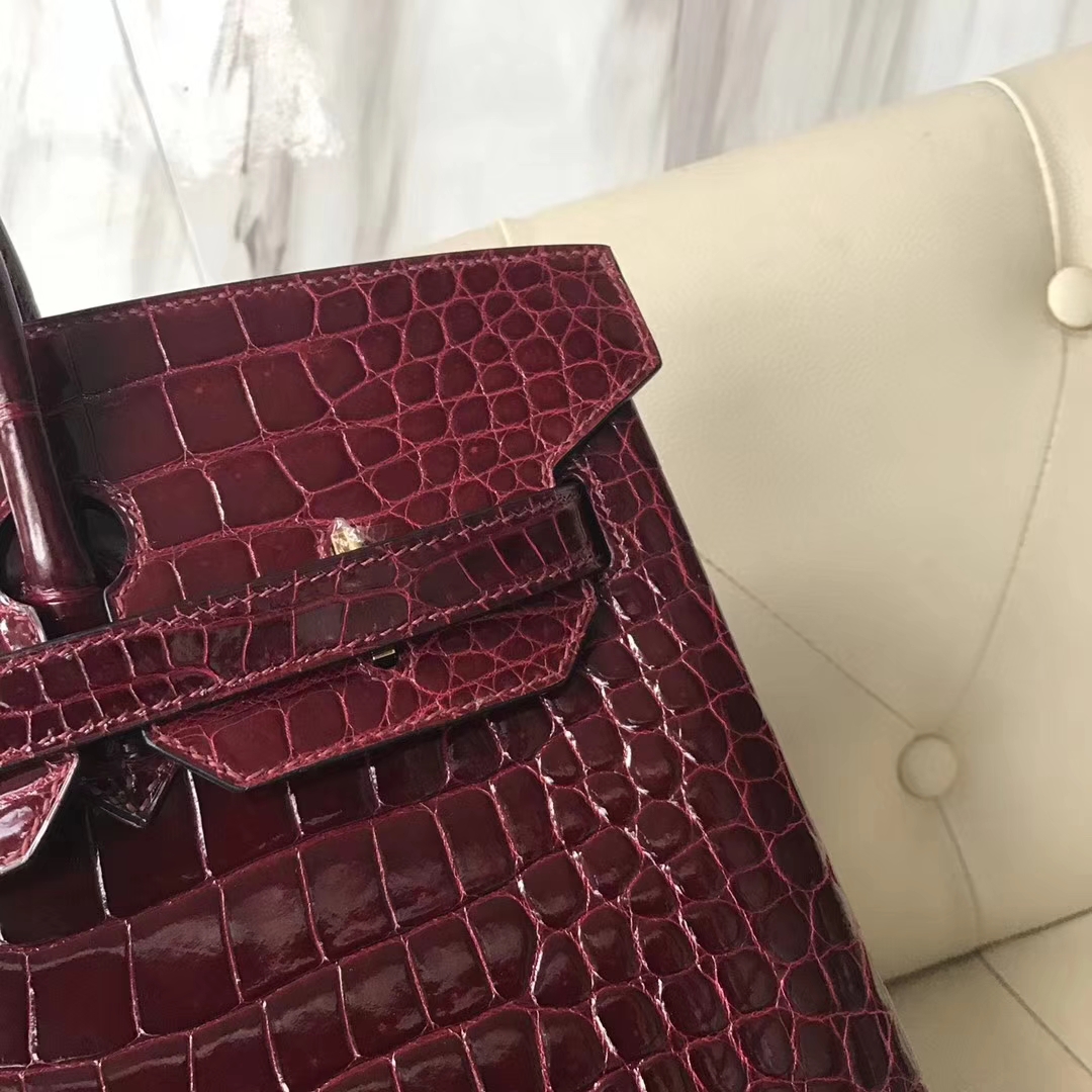 Hermès（爱马仕）Birkin shiny porosus 亮面澳洲湾鳄 F5勃艮第酒红 蜡线全手工 金扣 35cm