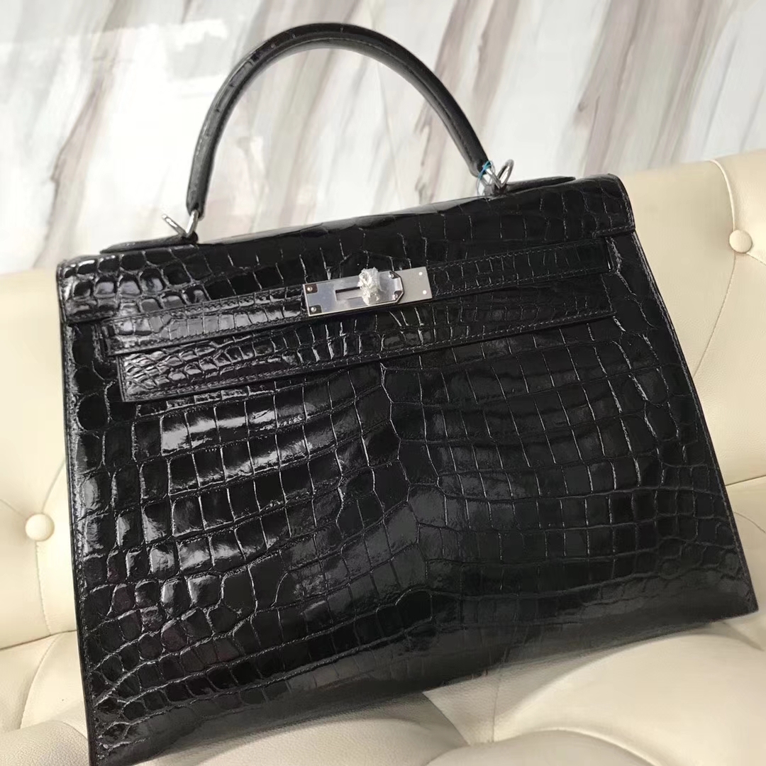 Hermès(爱马仕)Kelly shiny nilo crocodile 亮面尼罗鳄 ck89黑色 蜡线全手工 银扣 32cm-拉尔森鳄鱼皮具定制 - 爱马仕包包官网 Hermès(爱马仕)Kelly shiny nilo crocodile 亮面尼罗鳄 ck89黑色 蜡线全手工 银扣 32cm