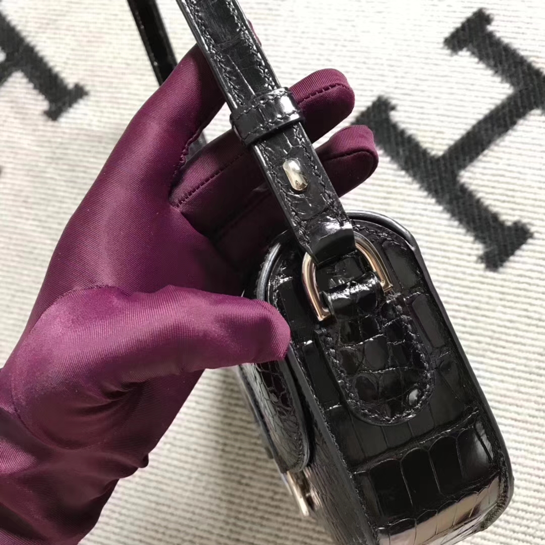 Hermès（爱马仕）Cherche midi  黑色银扣 美洲鳄新款 20cm