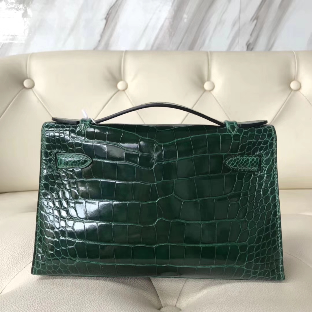 Hermès（爱马仕）Minikelly pochette 亮面鳄鱼 ck67 祖母绿 金扣 手拿包 晚宴包 22cm