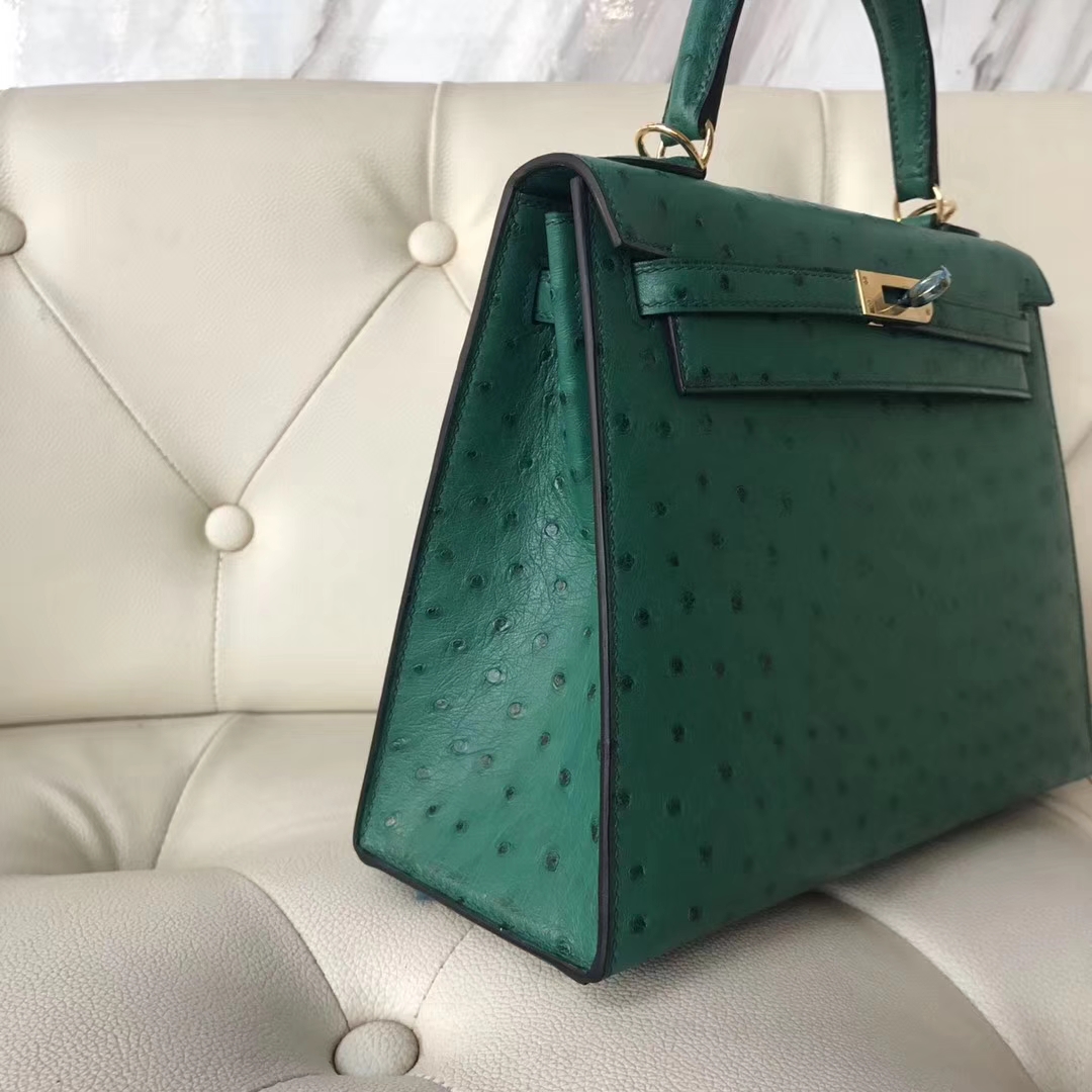 Hermès（爱马仕）Kelly ostrich kk鸵鸟 U4丝绒绿 顶级工艺 蜡线全手工 金扣 25cm