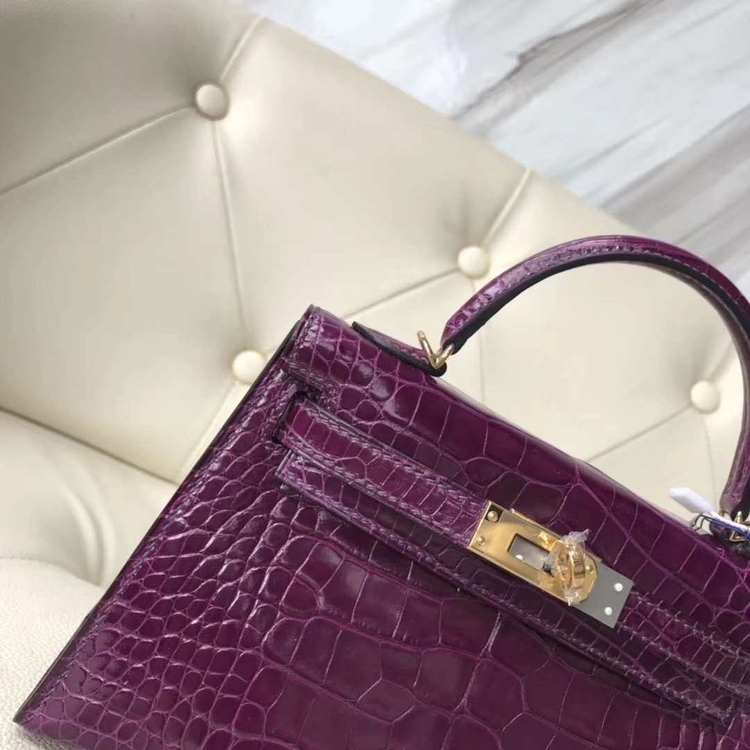 Hermès（爱马仕）Kelly 2代 19cm shiny alligator crocodile 亮面框框鳄鱼 N5加仑紫 顶级工艺 蜡线全手工  金扣