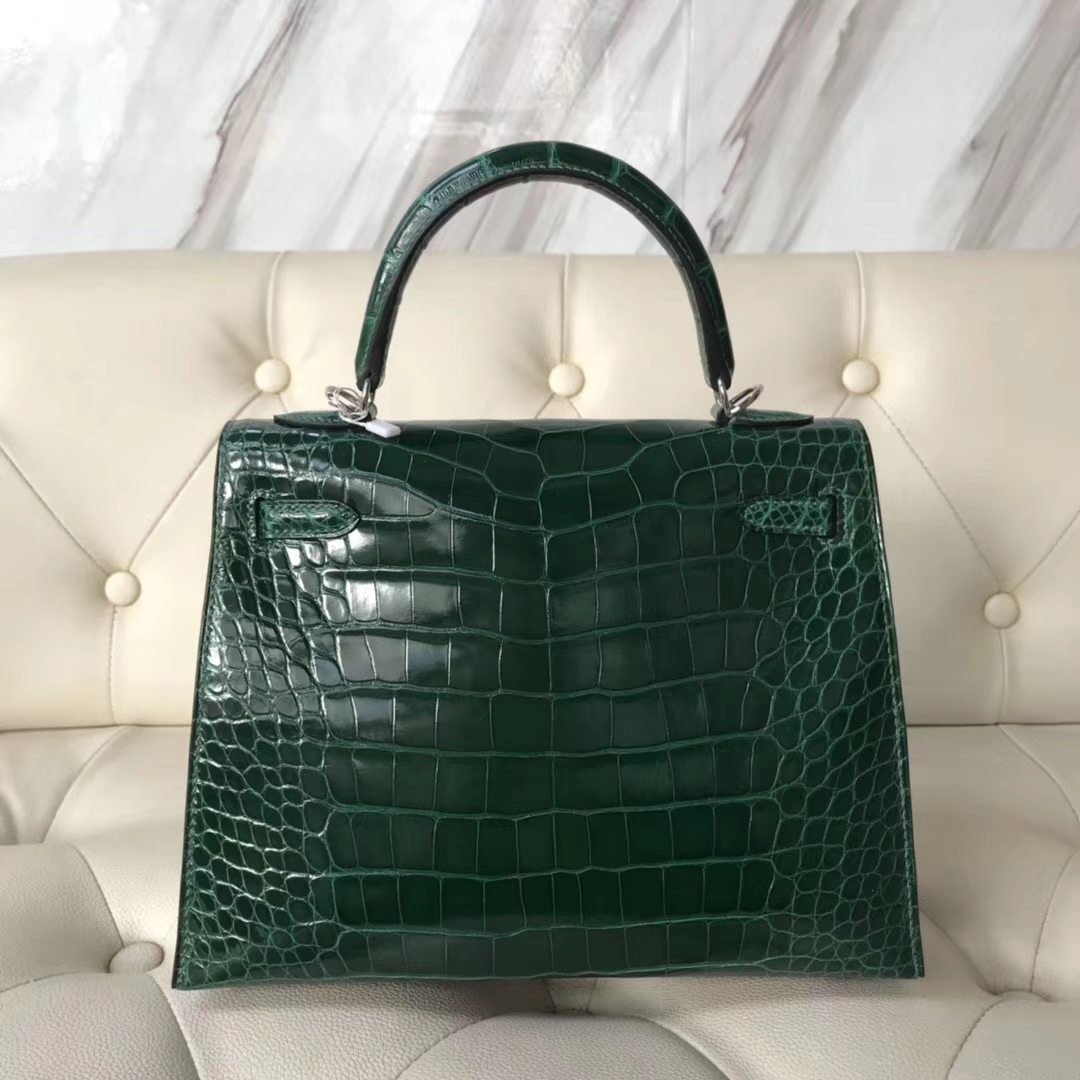 Hermès（爱马仕）Kelly25cm Alligator shiny 亮面鳄鱼 ck67 祖母绿 vert fonce 银扣