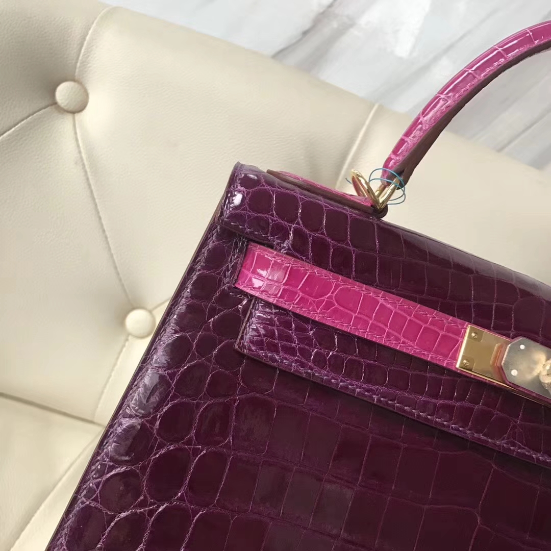 Hermès(爱马仕)Kelly shiny crocodile 亮面尼罗鳄 N5加仑紫拼J5天方夜谭粉紫 金扣 28cm-拉尔森鳄鱼皮具定制 - 爱马仕包包官网 Hermès(爱马仕)Kelly shiny crocodile 亮面尼罗鳄 N5加仑紫拼J5天方夜谭粉紫 金扣 28cm